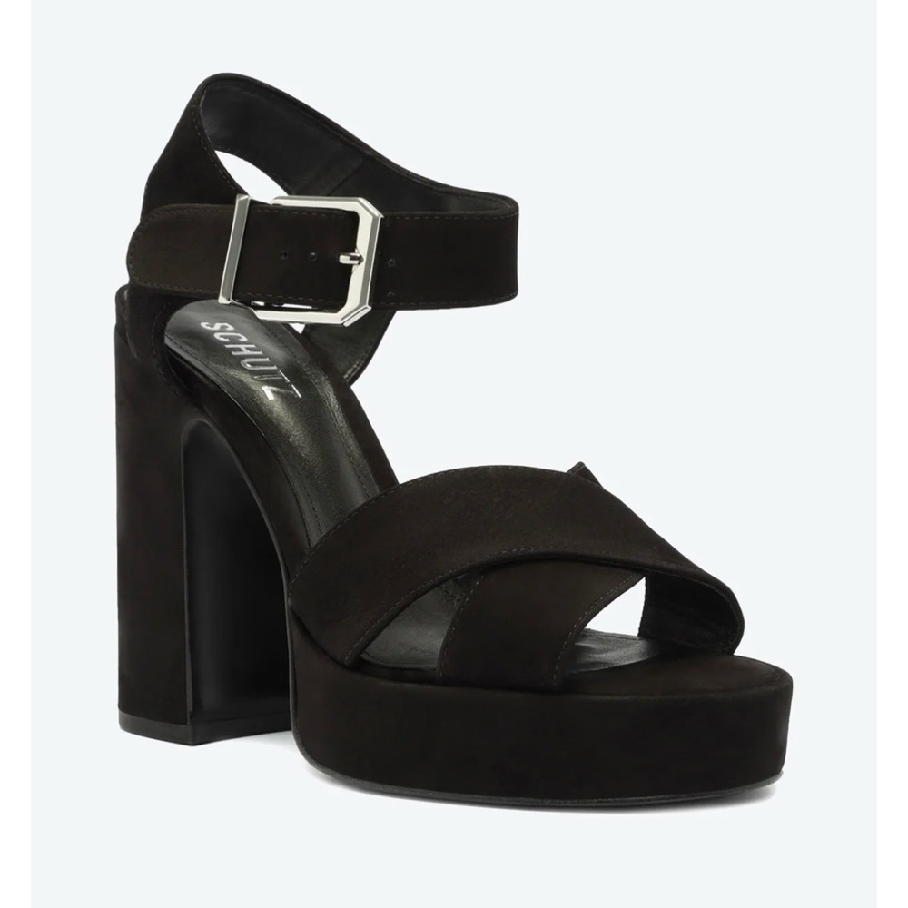 New SCHUTZ Black Suede Platform Block Heel Sandal with Buckle Ankle Strap Sz 10